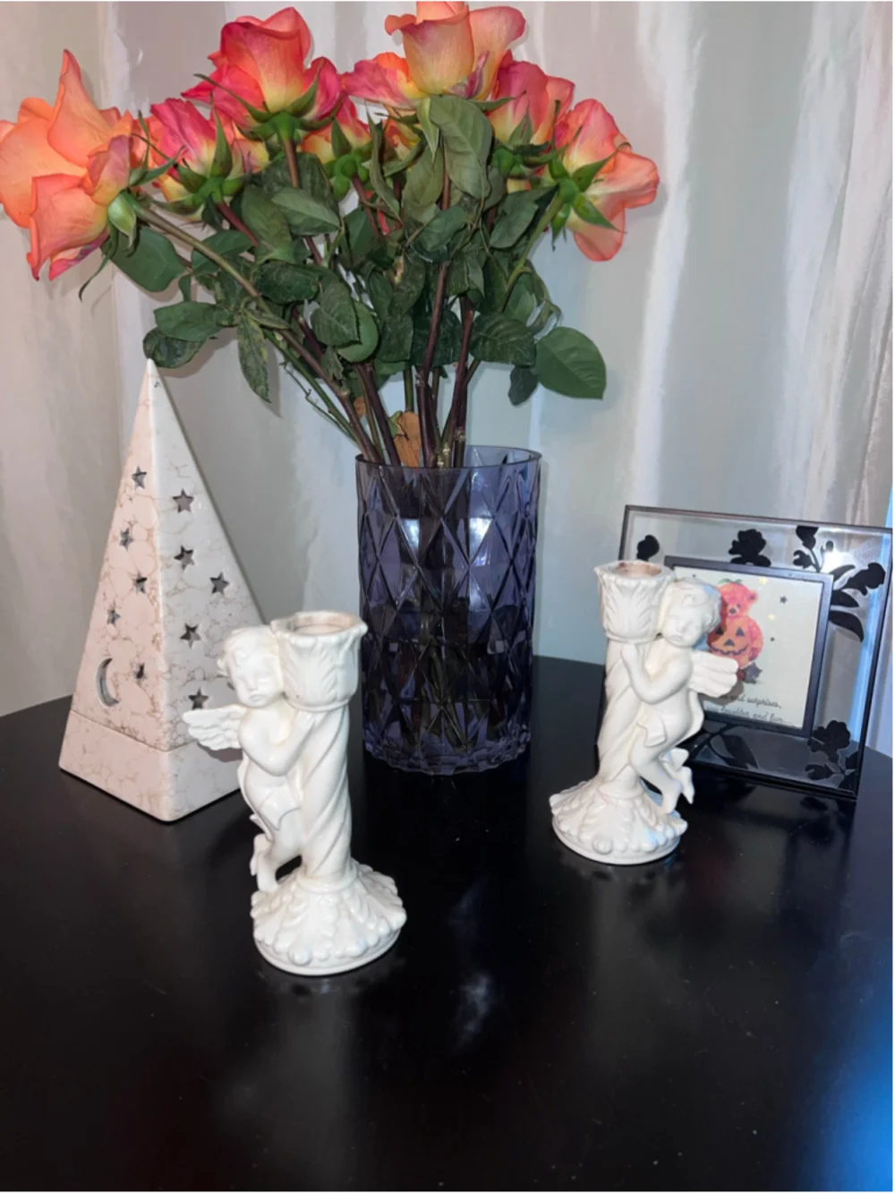 VTG Set 2 Cherub Angel Candle Holder Set, One Size, White